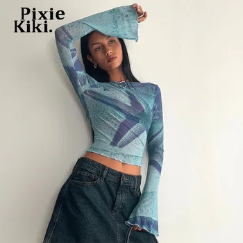PixieKiki מופשט כחול הדפס גרפי חולצות בנות Y2k בגדים ציצית רשת העצום הזיקוקים שרוול יבול צמרות לנשים P85-BZ10